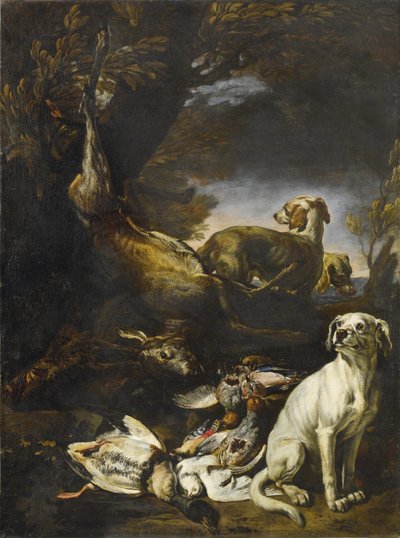 Hunted Game Guarded by Dogs in a Forest Landscape by David de Coninck